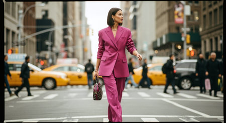 A stylish woman in a vibrant pink suit walking confidently across a busy city street, with yellow taxis and pedestrians in the backgroundの素材