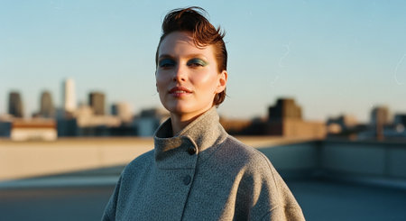 A confident woman with stylish hair and makeup, wearing a fashionable coat, standing on a rooftop with a city skyline in the background during sunsetの素材