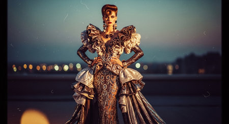 A model in an extravagant gown with ruffles and intricate patterns, posing confidently at sunset, with city lights in the backgroundの素材