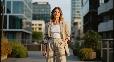A confident woman in a stylish beige suit stands in an urban setting, with modern buildings in the background, showcasing a professional and fashionable lookの素材