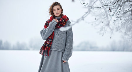 A young woman in a cozy sweater and plaid scarf standing in a snowy landscape, with trees in the background, evoking a winter atmosphereの素材
