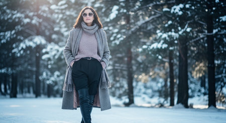 A woman walking in a snowy forest, wearing sunglasses, a cozy sweater, and a long coat, with snow-covered trees in the backgroundの素材