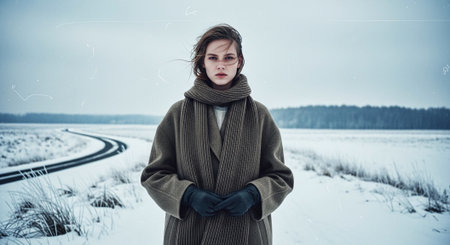 A young woman standing in a snowy landscape, wearing a warm coat and scarf, with a serene expression, surrounded by a winter sceneの素材