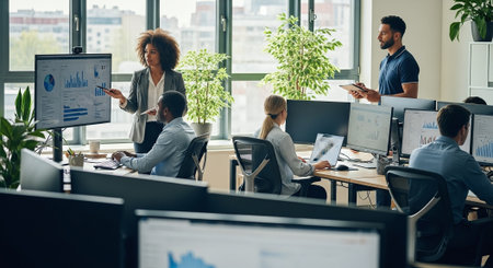A modern office environment with diverse professionals collaborating, analyzing data on screens, and discussing strategiesの素材