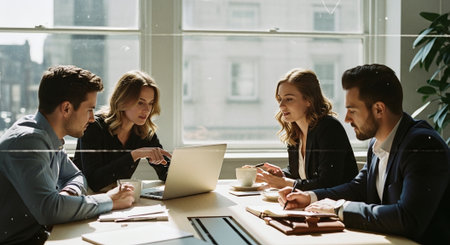A group of four professionals engaged in a meeting around a table, discussing ideas with a laptop and notebooks, bright office settingの素材