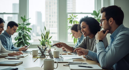 A diverse group of professionals engaged in a meeting around a conference table, discussing ideas with laptops and notepads, plants in the backgroundの素材