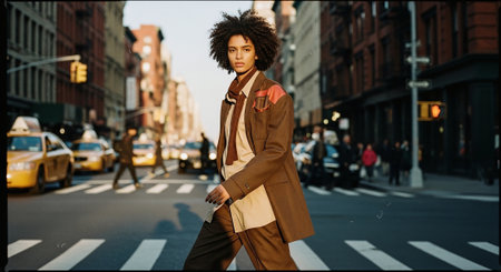 A fashionable model walking confidently across a busy city street during golden hour, with yellow taxis and pedestrians in the backgroundの素材