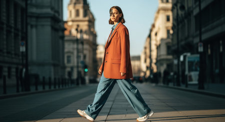 A stylish woman walking confidently on a city street, wearing an oversized orange blazer and blue wide-leg pants, with a modern urban backdropの素材