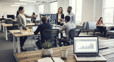 A modern office environment with people collaborating, discussing data on screens, and working on laptops, featuring a stylish desk with a plant and coffee cupの素材