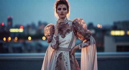 A model wearing an elegant, intricate gown with lace and puff sleeves, posing against a city skyline at dusk, soft lighting and bokeh effectの素材