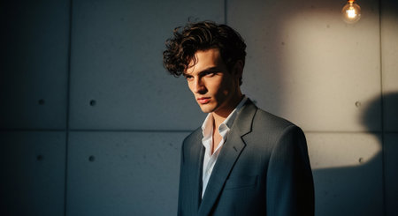 A young man with curly hair wearing a suit, standing against a concrete wall with dramatic lightingの素材
