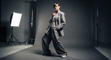 A model posing in a stylish gray oversized suit with wide-leg pants, set in a professional studio environment with soft lightingの素材