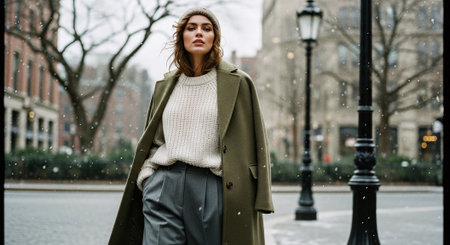 A fashionable woman in a winter outfit walking in a snowy urban environment, wearing a long coat and knit sweater, with a stylish hatの素材