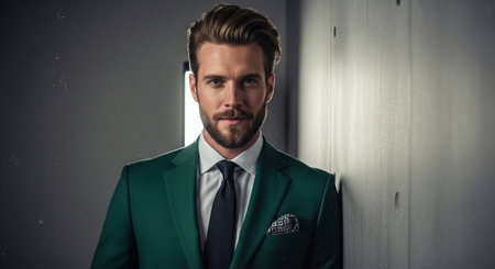 A stylish man in a green suit with a black tie, standing against a wall, exuding confidence and eleganceの素材