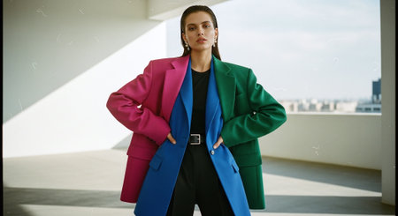A model wearing a bold, oversized blazer in pink and green, posing confidently in a modern architectural setting with natural lightの素材