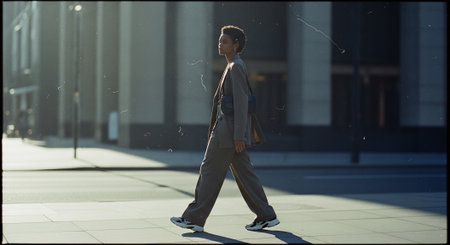 A stylish person walking on a city street in a modern urban environment, wearing a tailored suit and sneakers, with sunlight casting shadowsの素材