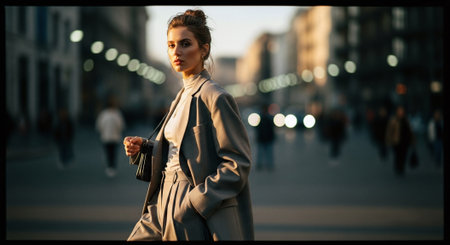 A stylish woman in a tailored suit walking confidently through a bustling city street during golden hour, with blurred lights and people in the backgroundの素材