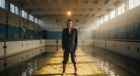 A person standing in a flooded indoor swimming pool, wearing a large blazer and boots, with sunlight streaming through windows, creating a dramatic atmosphereの素材