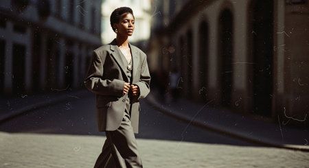 A confident woman walking in a stylish oversized suit on a cobblestone street, with soft sunlight illuminating her, creating a fashionable urban sceneの素材