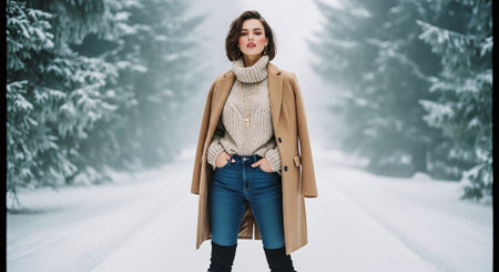 Young beautiful woman in a coat and jeans on a winter road.の素材