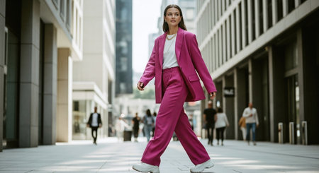 A confident woman in a bright pink suit walking through a modern urban area, showcasing fashion and styleの素材