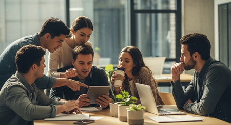 A group of young professionals collaborating in a modern office, focused on a tablet, discussing ideas, with coffee cups and plants on the tableの素材