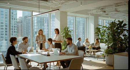 A modern office space with people collaborating, working on laptops, and discussing ideas, surrounded by plants and large windowsの素材