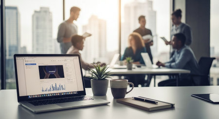 A modern office setting with a laptop displaying data analytics, a coffee cup, a notebook, and a group of professionals collaborating in the backgroundの素材