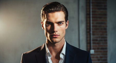 A confident young man in a dark suit, standing against a textured wall with dramatic lighting. His expression is serious and intense, showcasing a modern, stylish look.の素材