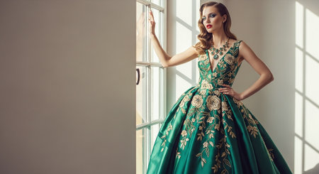 A woman in an elegant green gown with floral embroidery, posing by a window with soft lightの素材