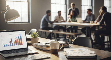 A modern office setting with a laptop displaying a colorful bar graph, a coffee cup, and documents on a wooden table, while a group of people are engaged in discussion in the backgroundの素材