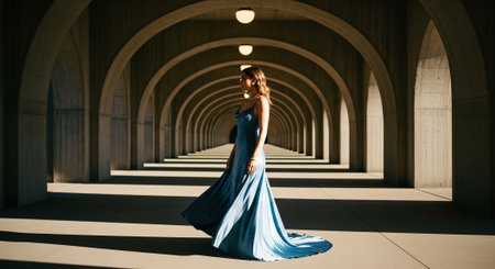 A woman in a flowing blue dress stands gracefully in an architectural corridor with arches, casting long shadows on the groundの素材