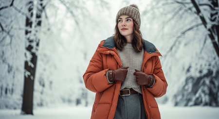 A young woman in a winter setting, wearing an orange puffer jacket, gray sweater, and knitted hat, standing in a snowy landscape with treesの素材