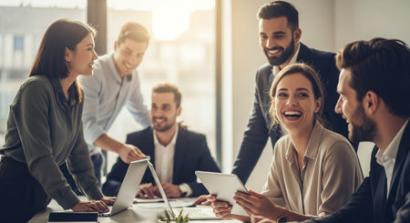 A group of six professionals in a modern office setting, engaged in a collaborative discussion, with laptops and tablets on the table, smiling and interactingの素材
