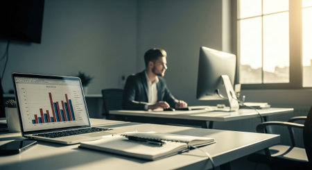 A modern office setting with a laptop displaying bar graphs, a notebook, and a desktop computer in the background, with a man working at the desk, sunlight streaming through large windowsの素材