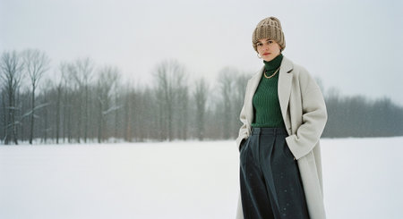 A young woman standing in a snowy landscape, wearing a green sweater, beige coat, and knitted hat, with trees in the backgroundの素材