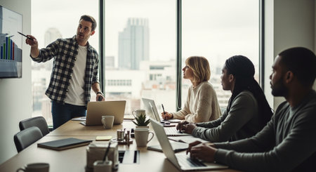 A group of professionals in a modern office meeting room, discussing data and charts displayed on a screen, with laptops and notebooks on the tableの素材