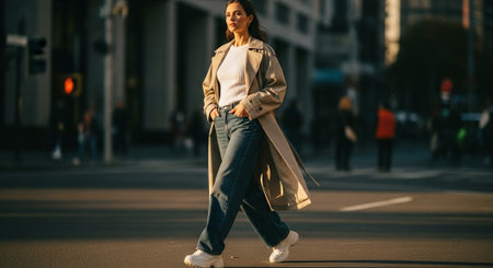 A fashionable woman walking on a city street, wearing a long beige trench coat, white sweater, and blue jeans, with white sneakers, in a bustling urban environment during golden hourの素材