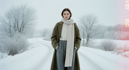 A woman standing on a snowy road, wearing a long coat and a scarf, with trees in the backgroundの素材