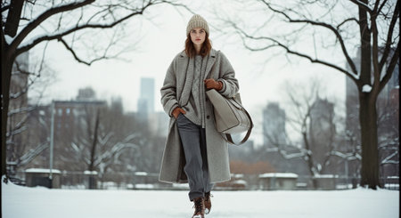 A woman walking in a snowy park, wearing a long gray coat, knit hat, and gloves, carrying a large bag, with a winter cityscape in the backgroundの素材
