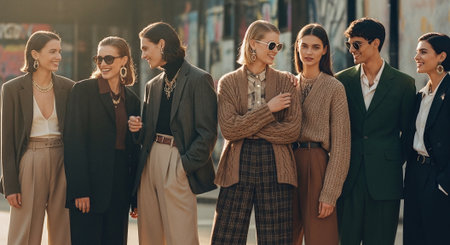 A group of stylish women posing outdoors in fashionable outfits, showcasing a mix of blazers, cardigans, and accessories, with a vibrant urban backgroundの素材