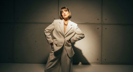 A confident woman in a stylish oversized suit, posing against a textured concrete wall with dramatic lightingの素材