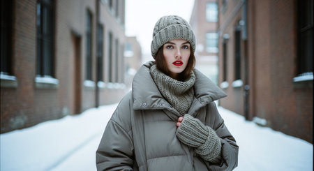 A young woman in a stylish winter outfit, featuring a large puffer coat, knitted hat, and scarf, standing in a snowy alleyway with brick buildingsの素材