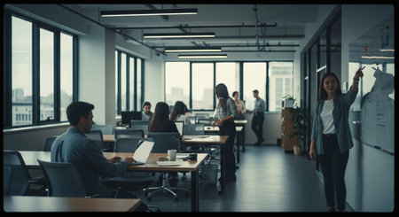 A modern office space with people working at desks, some using laptops, others collaborating by a whiteboard, large windows providing natural lightの素材