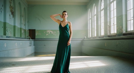 A woman in a green dress standing in an abandoned indoor pool with sunlight streaming through large windowsの素材