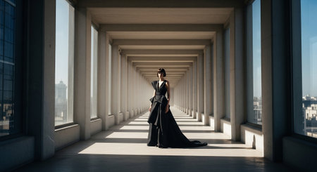 A woman in a black gown standing in a modern corridor with large windows, showcasing a minimalist architectural designの素材
