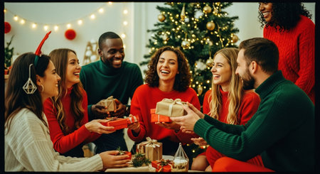 A joyful group of friends exchanging gifts during a festive Christmas gathering, surrounded by a decorated tree and holiday lightsの素材