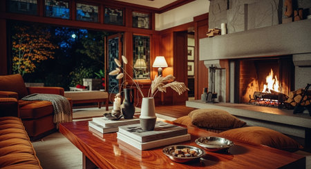 A cozy living room with a fireplace, wooden furniture, and warm lighting, featuring a coffee table with decorative items and a view of nature outsideの素材