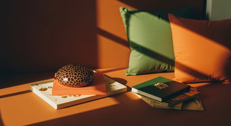 A cozy arrangement of decorative pillows and books on a warm-toned couch, featuring a unique patterned bowl and soft shadows from sunlightの素材