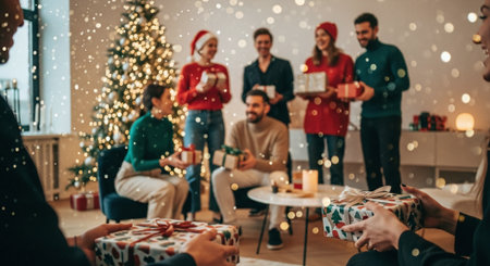 A festive gathering with people exchanging gifts in a cozy living room decorated for Christmas, featuring a Christmas tree and warm lightingの素材